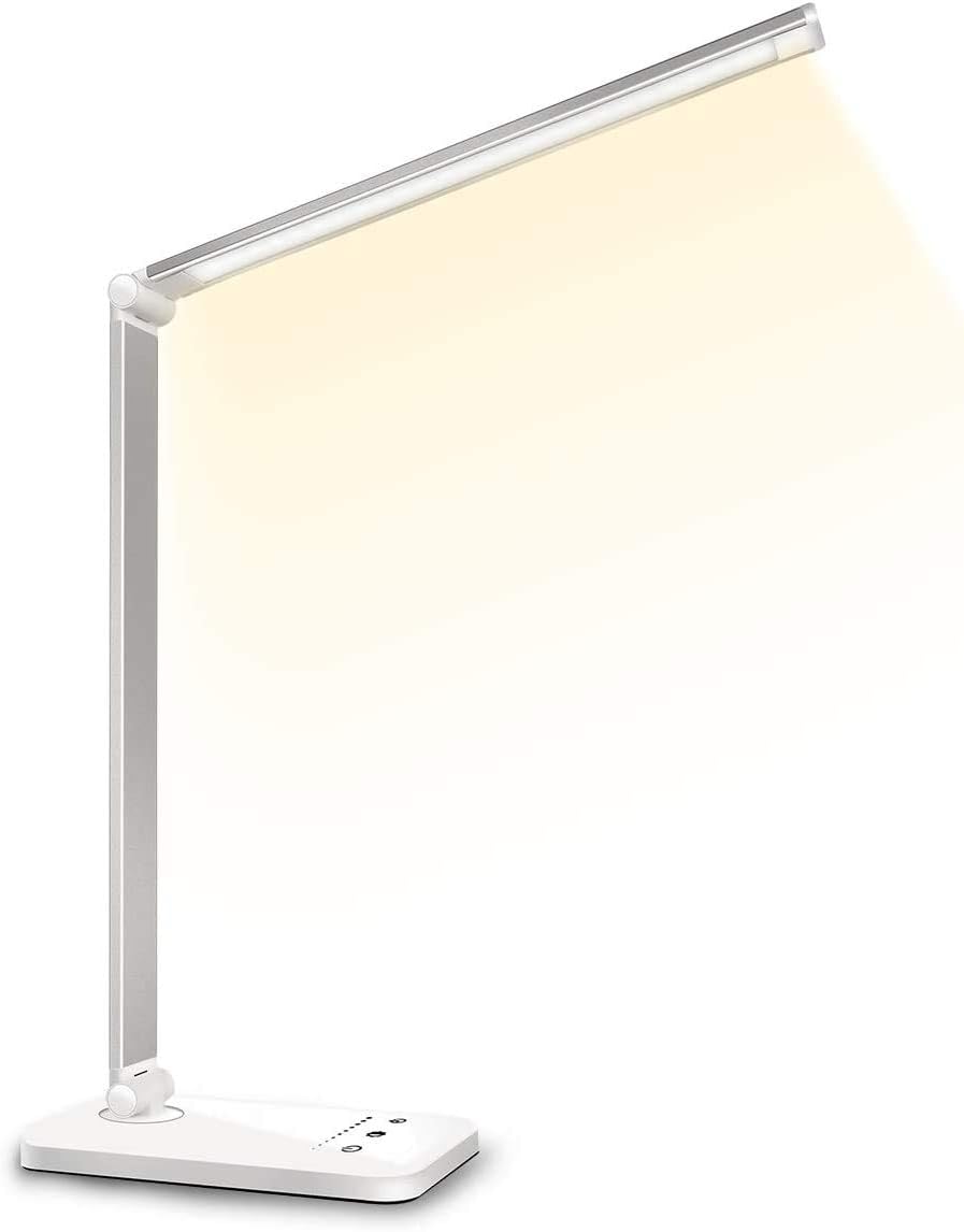 SLATOR Schreibtischlampe LED Dimmbare Tischleuchte 5 Farb und 10 Helligkeitsstufen Nachttischlampe USB-Anschluss für Aufladung des Smartphones Leselicht für Leser, Kinder, QM019, Aluminium, Silver