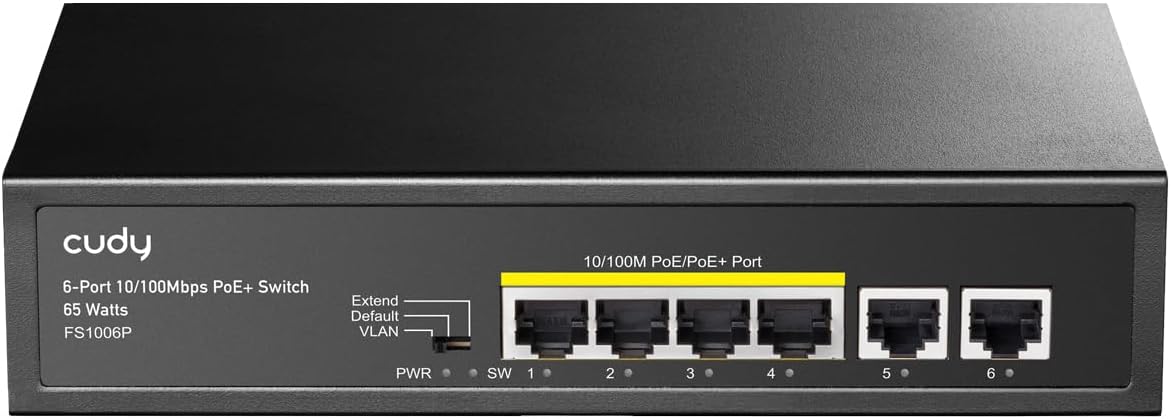 Cudy Poe+ Switch 6 Ports 10/100Mbps, 60W, 4 Poe/Poe+, Switch Unmanaged, CCTV-Modus, VLAN, Keine zusätzliche Stromversorgung, FS1006P