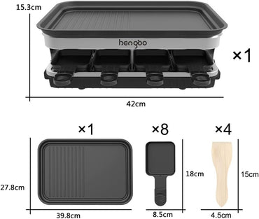 Appareil à raclette 8 personnes Grillplatte Antihaftbeschichtet, Raclette avec 8 Mini Raclette Pfännchen & 4 Holzspatel, Stufenlos Regulierbare Temperatur, 1500W, Edelstahl