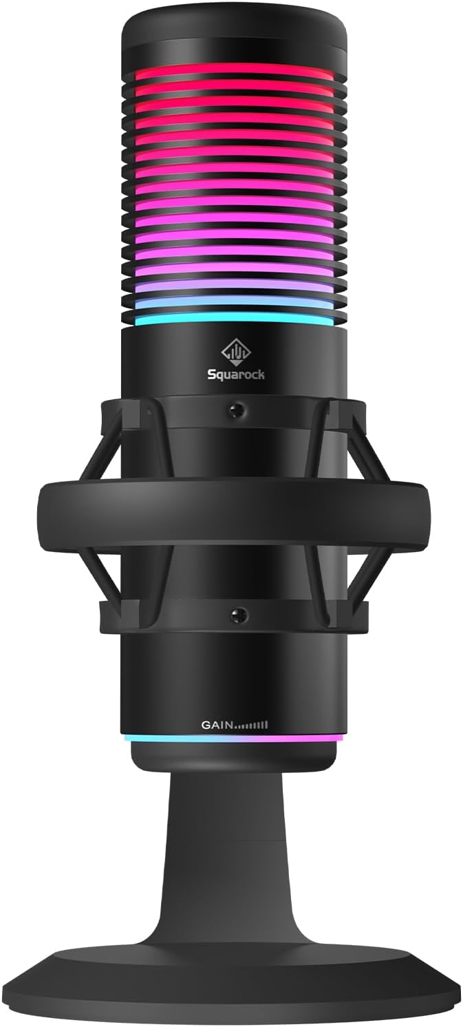 Squarock Gaming-USB-Mikrofon, Kondensatormikrofon mit 8 RGB-Leuchten, Schnellstummschaltung, Rauschunterdrückung, Streaming-Mikrofonmustersteuerung, Verstärkungsregelung, Desktop-Ständer für Podcast-Studioaufnahmen, YouTube