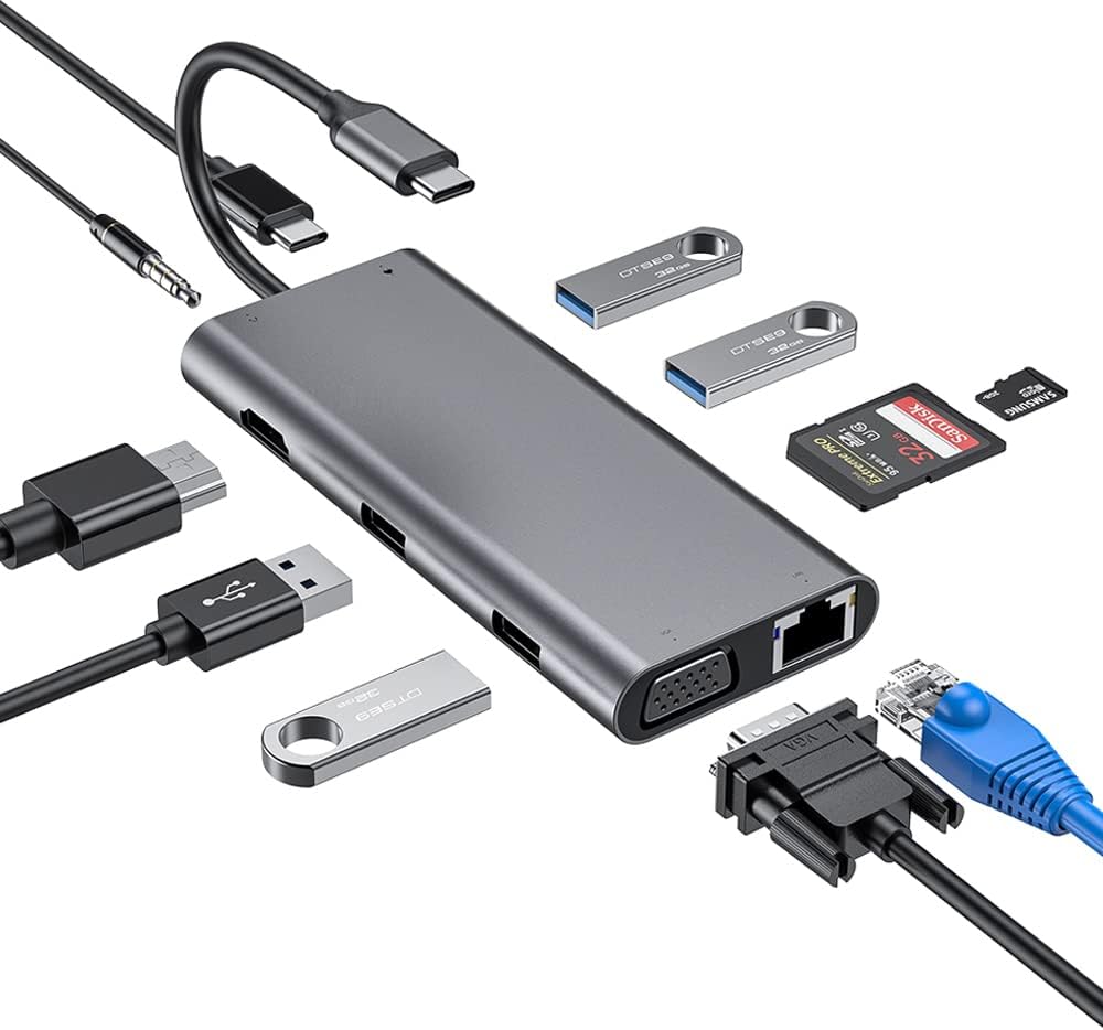 USB-C-Hub, 11-in-1-Typ-C-Hub-Adapter mit 4K HDTV, 1080P VGA, RJ45-Gigabit-Ethernet, USB-C-Stromversorgung, USB 3.0/2.0, SD/TF-Kartenleser, 3,5-mm-Audio-Jacke, kompatibel mit MacBook Pro und mehr