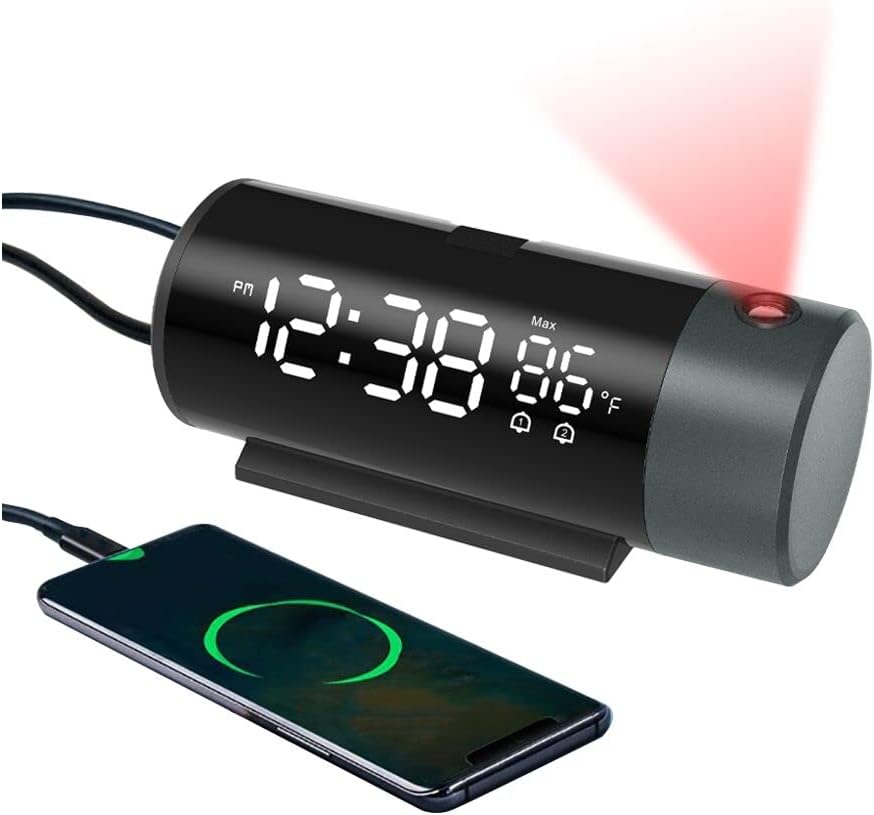 FanJu Digital Projektionswecker mit Temperatur und Zeit-Projektion, für Schlafzimmer, mit USB-Anschluss,Helligkeit automatisch einstellen, 12/24H, Zwei Wecker mit Schlummer.