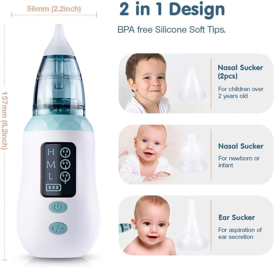 Nasensauger Baby, Tragbarer Elektrischer Nasensauger, Nasensauger mit 3 Saugstufen und 4 Wiederverwendbaren Düsenspitzen, Wasserdicht, USB-Aufladung, für Neugeborene und Kleinkinder