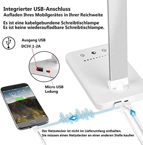 SLATOR Schreibtischlampe LED Dimmbare Tischleuchte 5 Farb und 10 Helligkeitsstufen Nachttischlampe USB-Anschluss für Aufladung des Smartphones Leselicht für Leser, Kinder, QM019, Aluminium, Silver