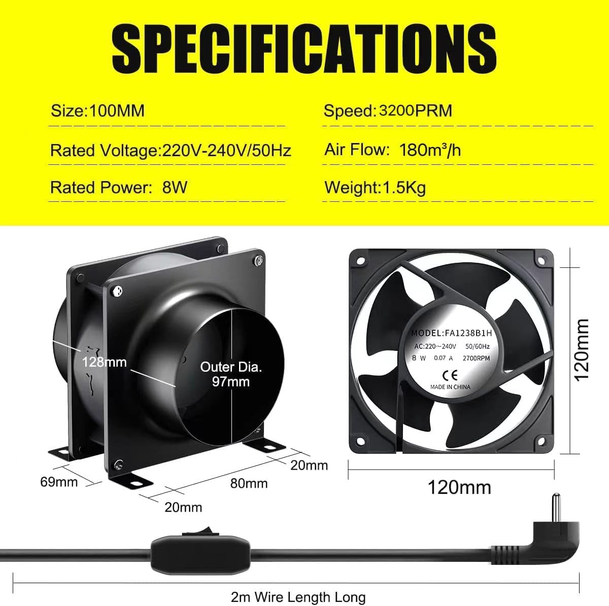 FanGoFast 100mm Axial-Rohrventilator, 180m³/h Axialventilator Abluftventilator Rohrventilator mit Zwei Klemmen und 2m Schlauch für Grow Tent, Garage, Werkzeugraum, Büro
