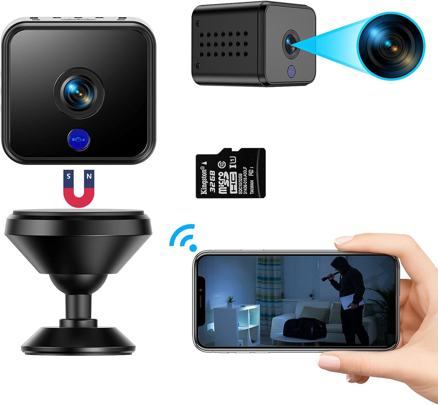 WiFi-Mini-Kamera, kabellos, 1080P HD, winzige Überwachungskamera, versteckt mit 32G SD-Karte, Nachtsicht-Bewegungserkennung für das Home Office