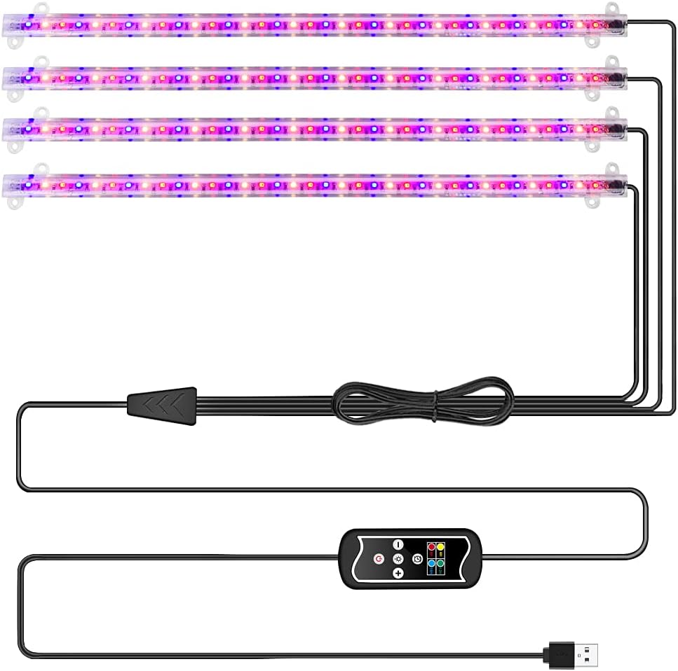 LED Planzen-Wachstums-Lichtstreifen, Vollspektrum für Zimmerpflanzen mit automatischem Ein-/Aus-Timer, 36 W & 3 dimmbare Stufen, Solar-Licht-Wachslampe, für Gartenregale, Hydrokulturen, Sukkulenten, 4 Stück