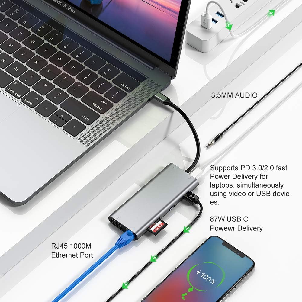 USB-C-Hub, 11-in-1-Typ-C-Hub-Adapter mit 4K HDTV, 1080P VGA, RJ45-Gigabit-Ethernet, USB-C-Stromversorgung, USB 3.0/2.0, SD/TF-Kartenleser, 3,5-mm-Audio-Jacke, kompatibel mit MacBook Pro und mehr