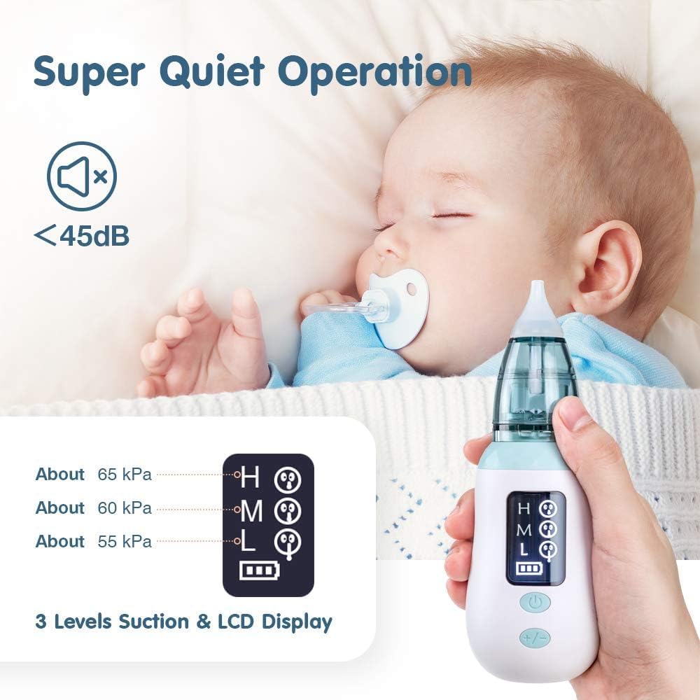 Nasensauger Baby, Tragbarer Elektrischer Nasensauger, Nasensauger mit 3 Saugstufen und 4 Wiederverwendbaren Düsenspitzen, Wasserdicht, USB-Aufladung, für Neugeborene und Kleinkinder