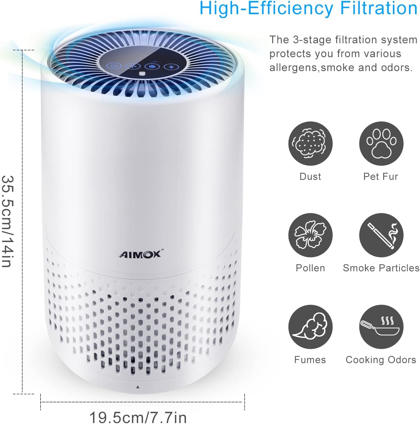Intelligenter Luftreiniger zum Reinigen und Säubern, Aimox mit Luftqualitätssensor, Luftfilter, 3 Funktionen, Timer, Nachtlicht, CADR 136 m³/h, HEPA-Filter, Funktionen mit APP-Unterstützung, Alexa und Google