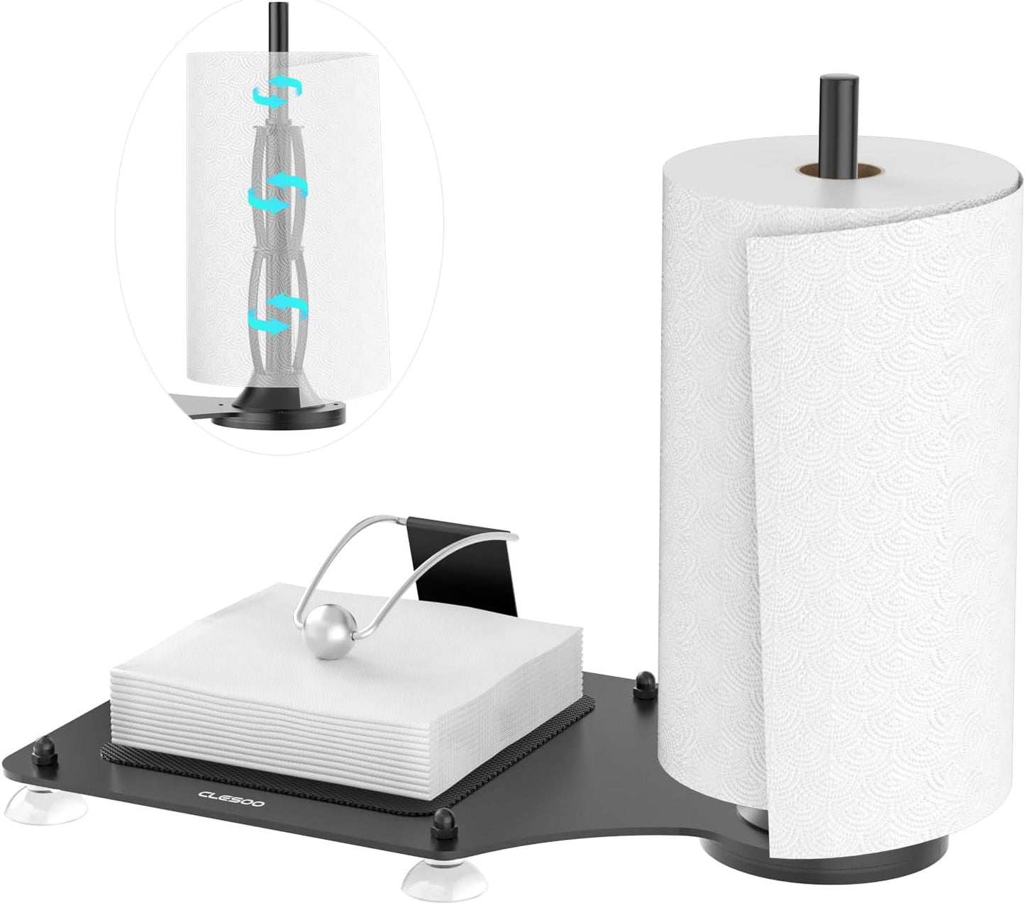 CLESOO 2 in 1 Serviettenhalter und Küchenrollenhalter Stehend, Multifunktionaler Mattschwarzer Metall Beschwerungsarm für Restaurant Esszimmer
