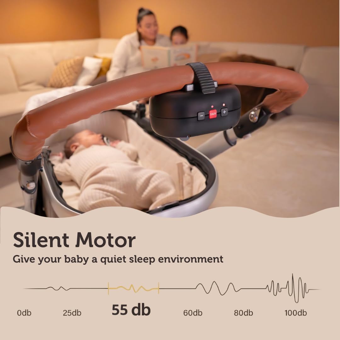 ZAZU Robby Kinderwagenschaukler - Automat. Babywippe, Verstellbare Stärke, 40-Min Timer, Babyschreisensor, USB-C wiederaufladbar, Wasserfest, Universell für Kinderwagen & Buggy (Schwarz.)