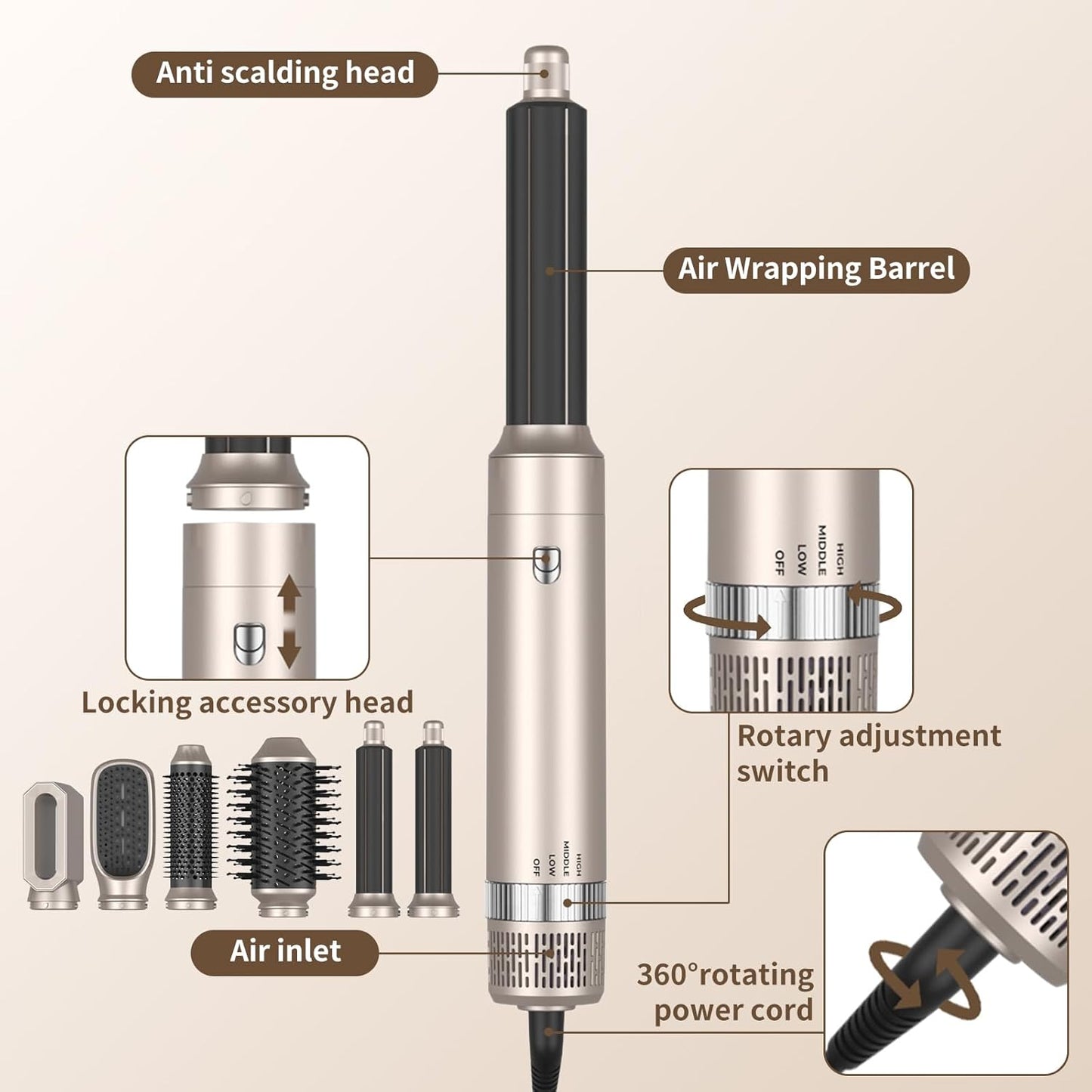 Hairstyler Airstyler, Hair Styler set 6 in 1 mit Haartrockner Föhn, Föhnbürste, Haartrockner für Trocknen, Glätten, Locken und Volumen, Massagekamm mit Ionen-Pflege für alle Haar Styling