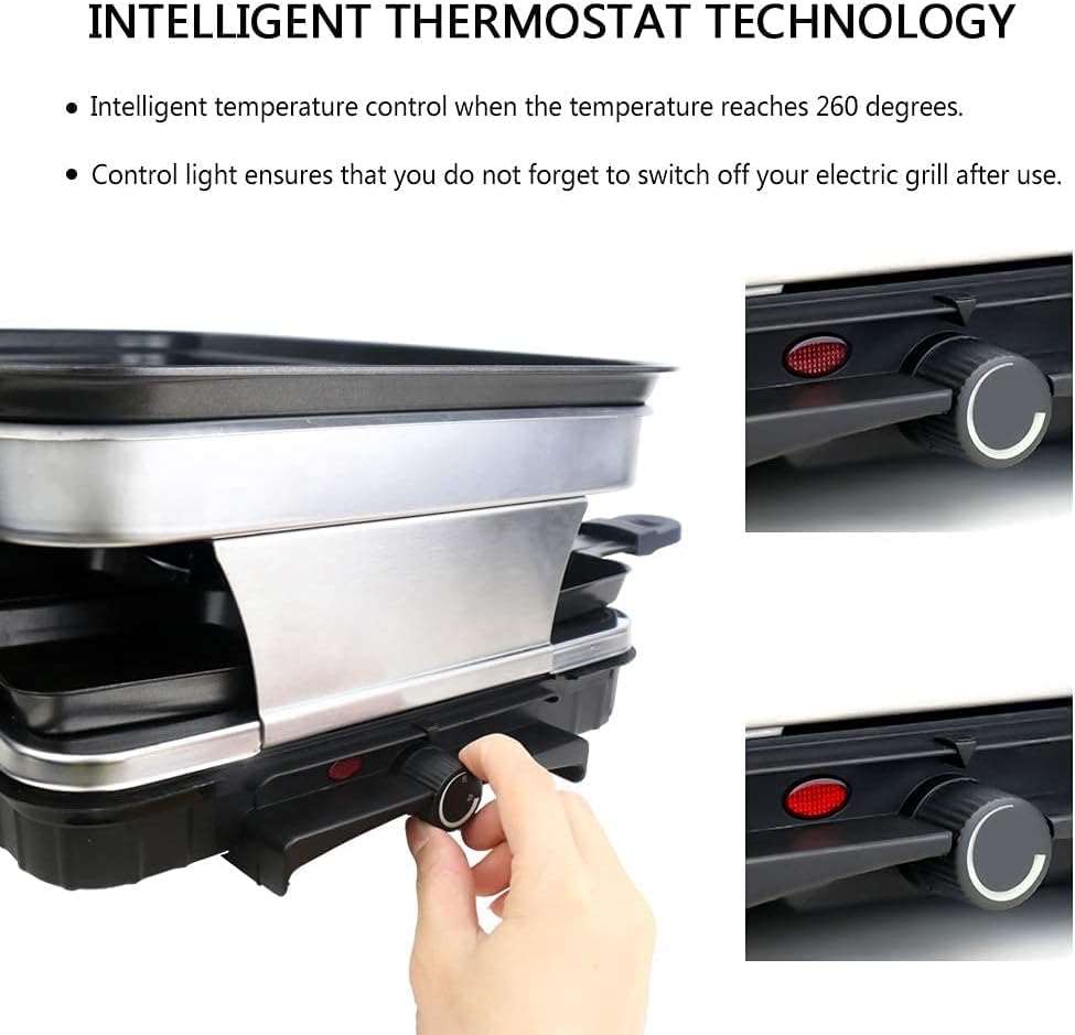 Raclettegrill 8 Personen Grillplatte Antihaftbeschichtet, Raclette mit 8 Mini-Raclettepfännchen & 4 Holzspatel, Stufenlos regelbare Temperatur, 1500 W, Edelstahl