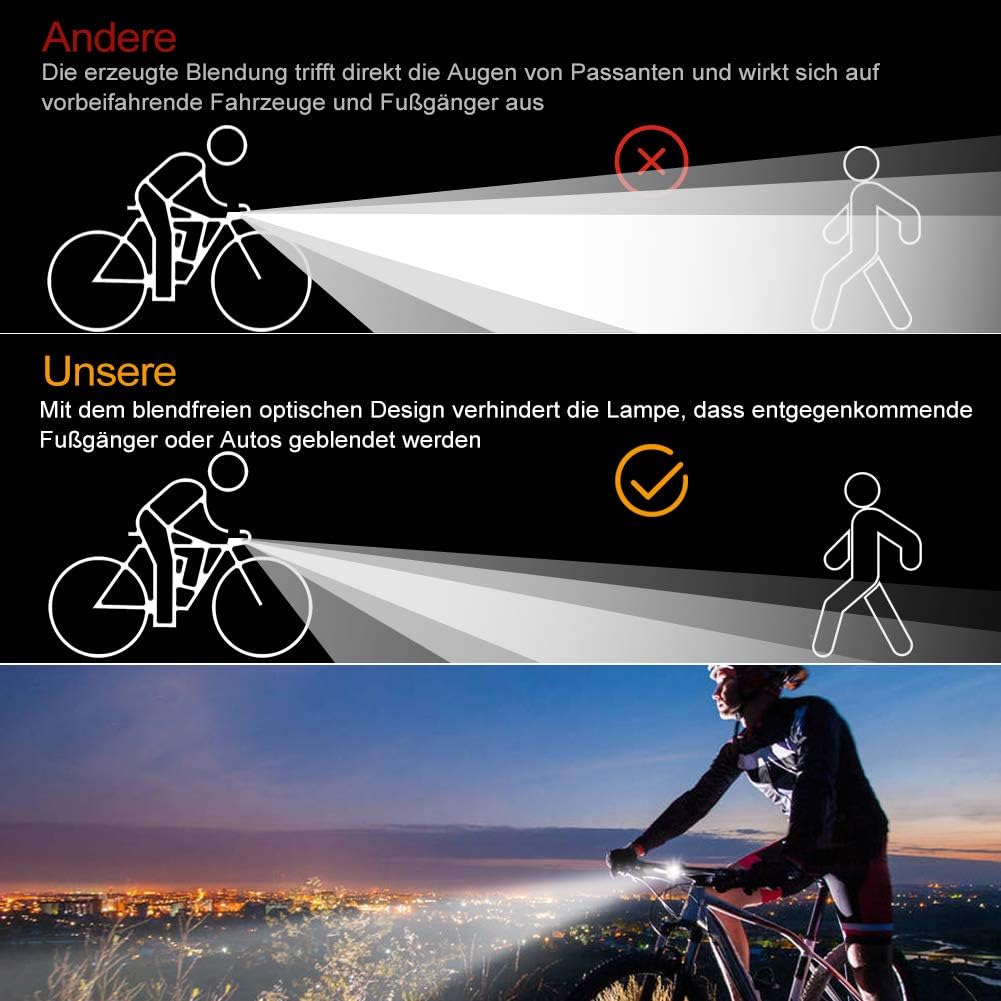 Sanfant Fahrradlicht Set, Fahrradbeleuchtung LED, Fahrradlampe Set, Fahrradlicht Frontlicht Vorne, Aufladbar, StVZO Zugelassen Wasserdicht, 2 modes d'éclairage Frontlicht et Rearlight Set