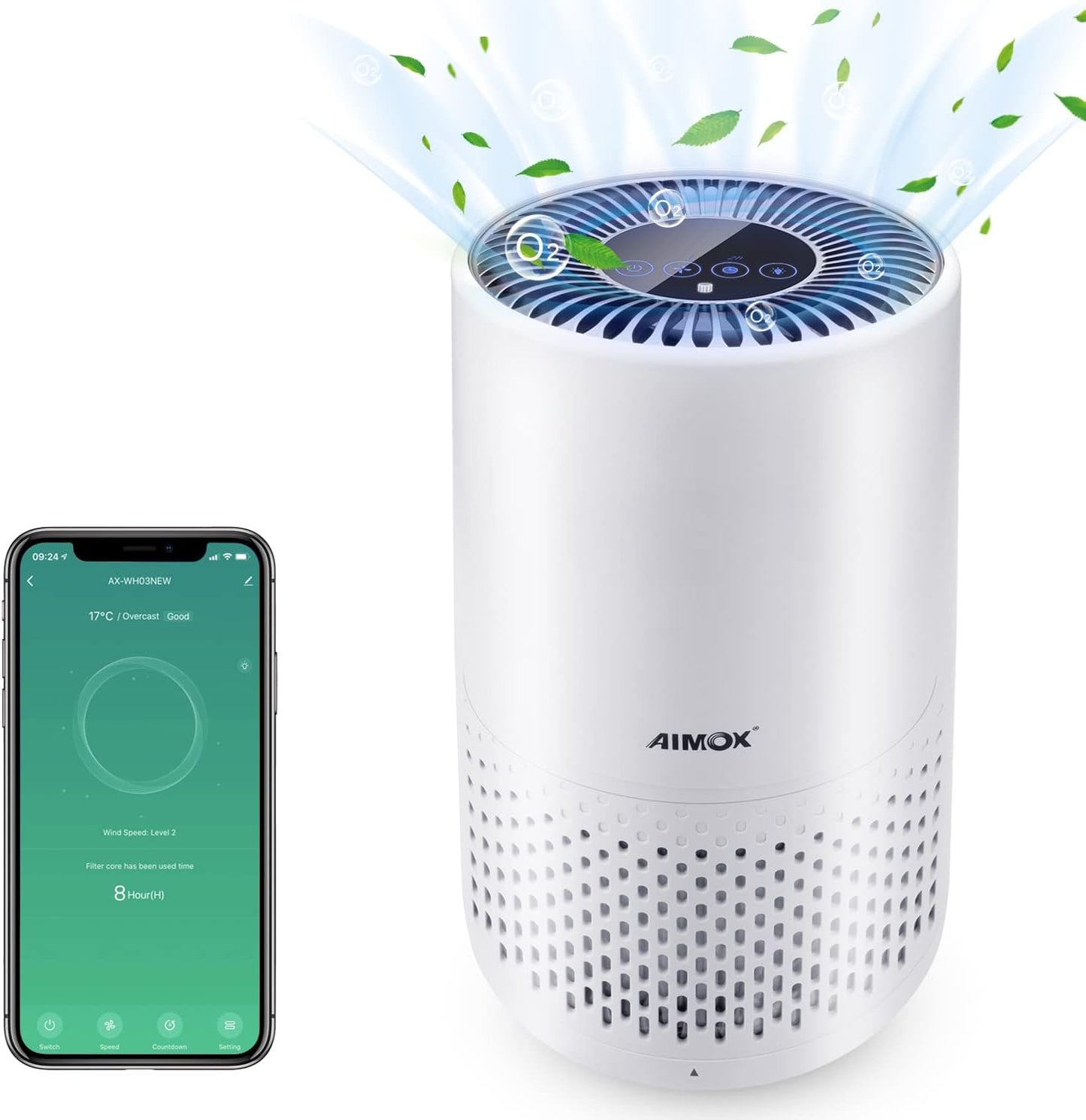 Intelligenter Luftreiniger zum Reinigen und Säubern, Aimox mit Luftqualitätssensor, Luftfilter, 3 Funktionen, Timer, Nachtlicht, CADR 136 m³/h, HEPA-Filter, Funktionen mit APP-Unterstützung, Alexa und Google