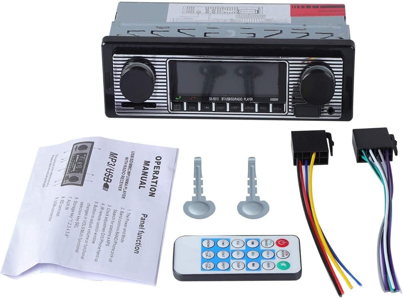 Oldtimer-Stereoanlage, Bluetooth-Autoradio, 2 Knöpfe, Einzel-DIN, 60WX4, FM, Freisprech-Autoradio, Oldtimer-MP3, AUX, USB, U-Disk-Audio mit Fernbedienung