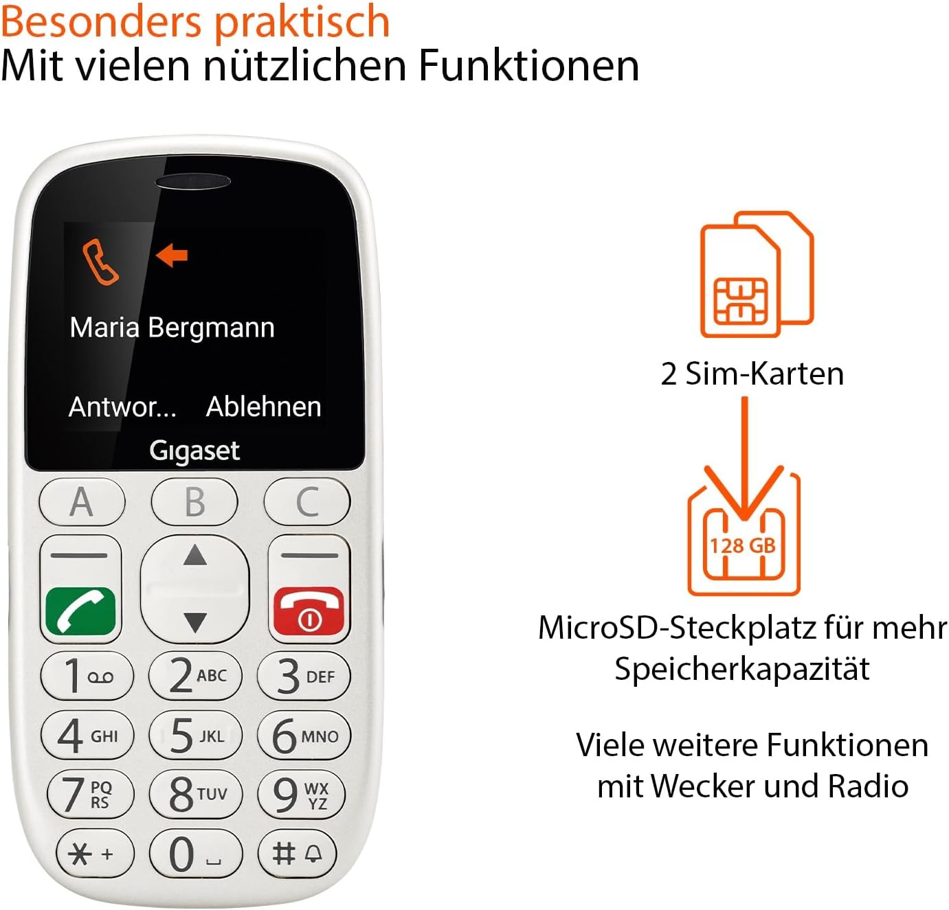 Gigaset GL390 weiß GSM - Seniorenhandy mit SOS-Notruf-Taste, großes 2,2" Farbdisplay - einfache Bedienung, großer Komfort, Hörgerätkompatibel, kompaktes Handlich