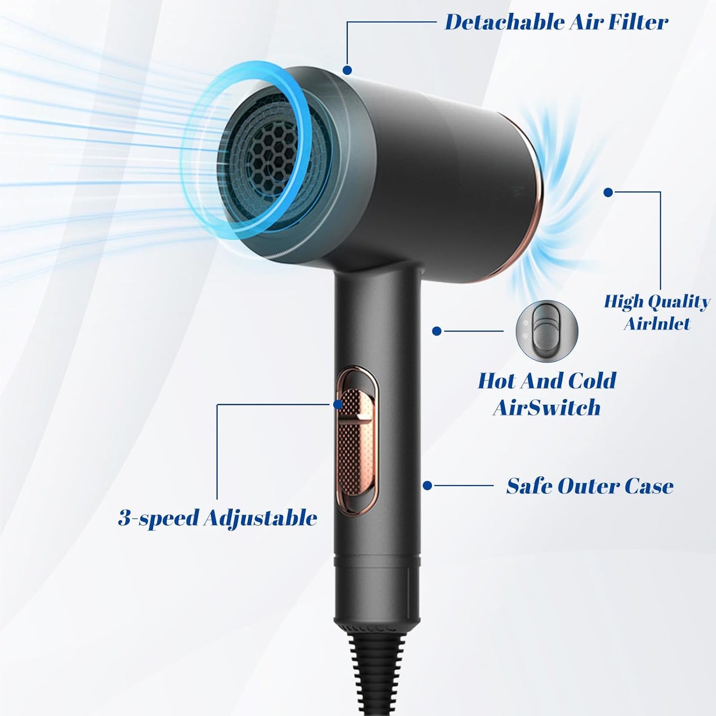 Oskuglin Föhn, 2400W professioneller tragbarer Ionen-Haartrockner Salon Haarfön mit Heiß-/Kalttaste, Concentrators and Diffuser, 3 Temperatureinstellungen, 2-Gang für Zuhause, Salon, Reisen (Schwarz)