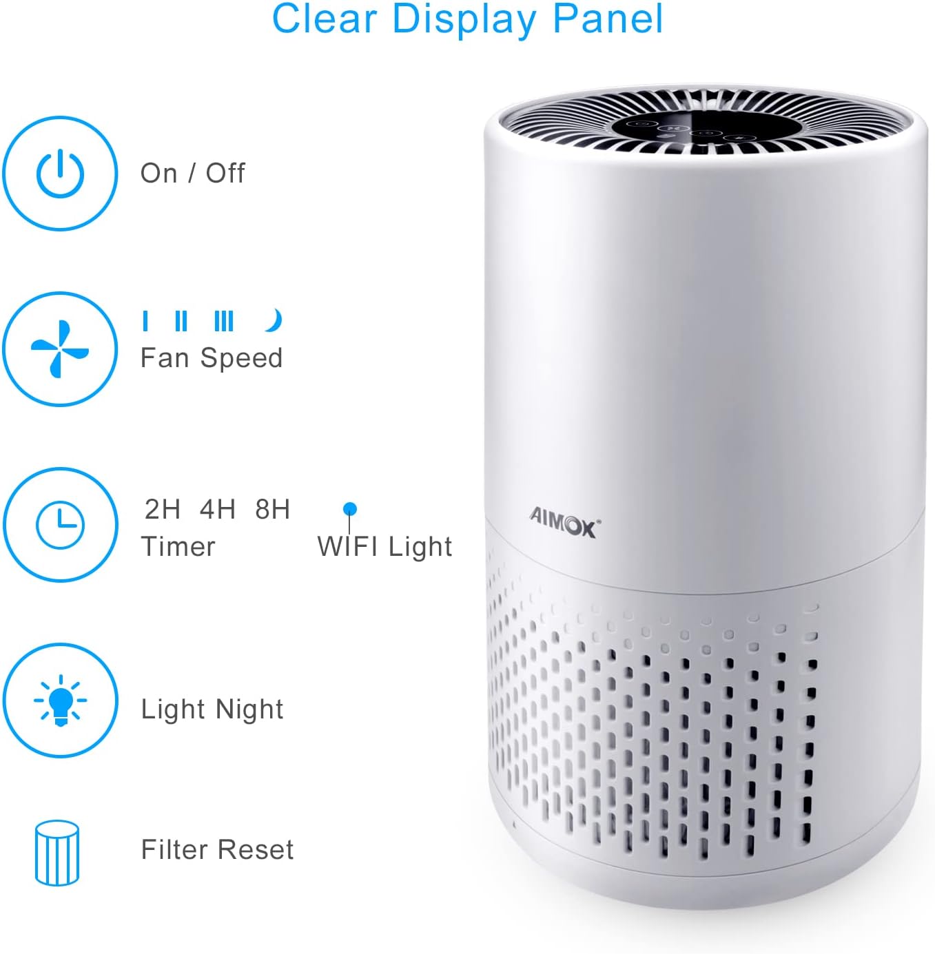Intelligenter Luftreiniger zum Reinigen und Säubern, Aimox mit Luftqualitätssensor, Luftfilter, 3 Funktionen, Timer, Nachtlicht, CADR 136 m³/h, HEPA-Filter, Funktionen mit APP-Unterstützung, Alexa und Google