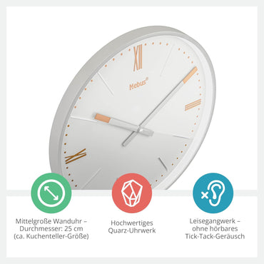 Mebus Wanduhr TinyTime mit römischen Ziffern | Wanduhr ohne Tickgeräusche | Durchmesser 25 cm | klassisches Zifferblatt in Hellgrau | Silbernes Gehäuse | Kupferfarbene Akzente, 19779