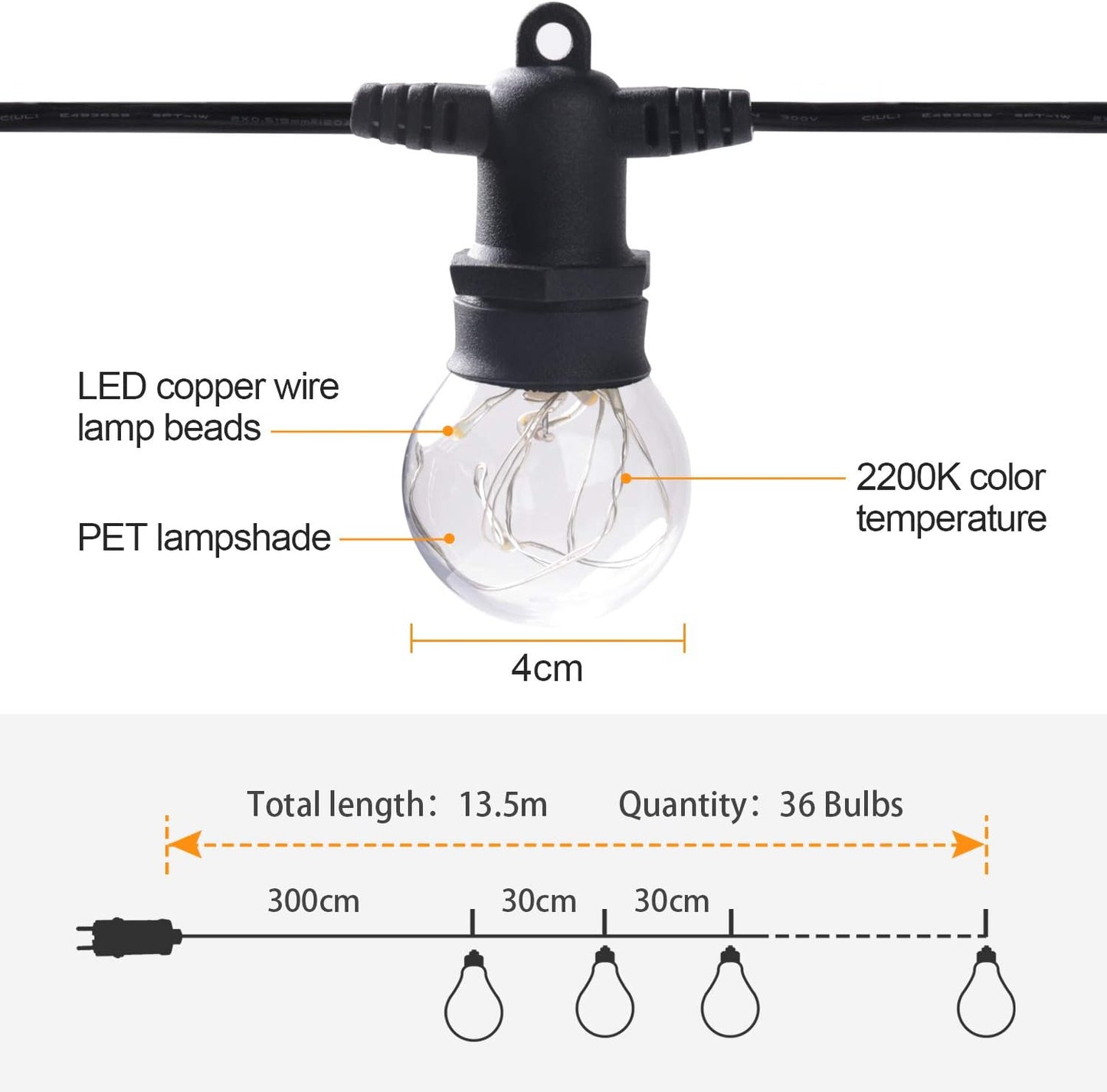 MYCARBON LED Lichterkette Auen 13,5M IP67 36er Birnen wasserdicht Lichterkette Glhbirnen Outdoor Innen mit Stecker Deko fr Garten Party Terrasse Zimmer Balkon 2 Ersatzbirnen Warmwei