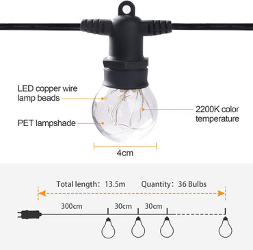 MYCARBON LED Lichterkette Auen 13,5M IP67 36er Birnen wasserdicht Lichterkette Glhbirnen Outdoor Innen mit Stecker Deko fr Garten Party Terrasse Zimmer Balkon 2 Ersatzbirnen Warmwei