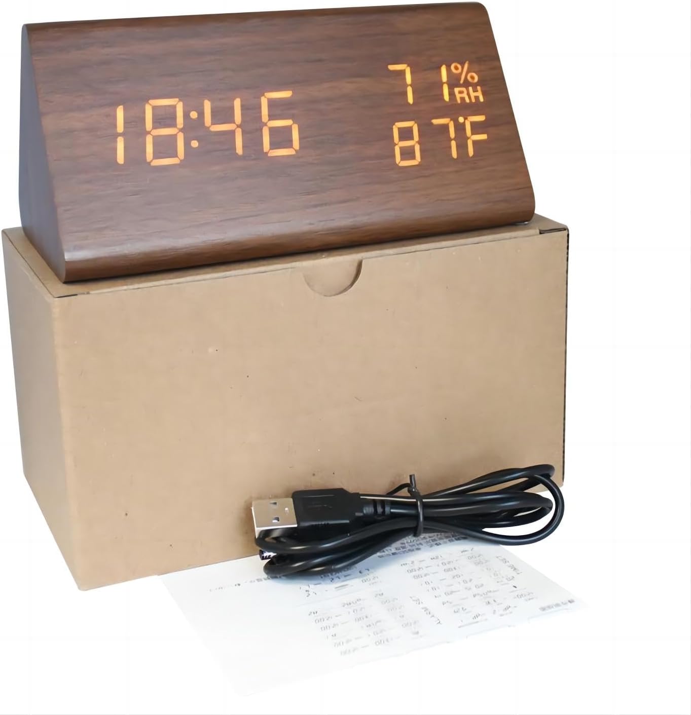 Fibisonic Digitaler Wecker aus Holz, 12/24-Stunden-Temperatur- und Luftfeuchtigkeitsanzeige, Tonaktivierung, 3 Helligkeitsstufen, batteriesbetrieben, Bürouhren für Zuhause andd