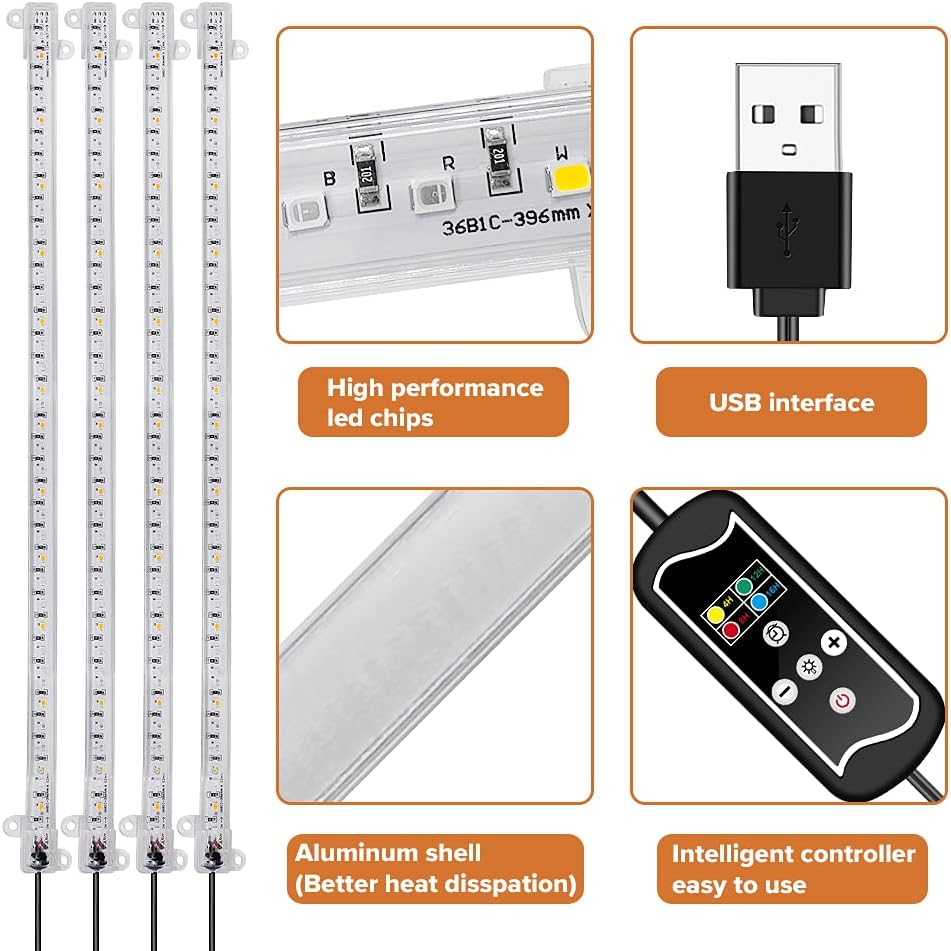 LED Planzen-Wachstums-Lichtstreifen, Vollspektrum für Zimmerpflanzen mit automatischem Ein-/Aus-Timer, 36 W & 3 dimmbare Stufen, Solar-Licht-Wachslampe, für Gartenregale, Hydrokulturen, Sukkulenten, 4 Stück