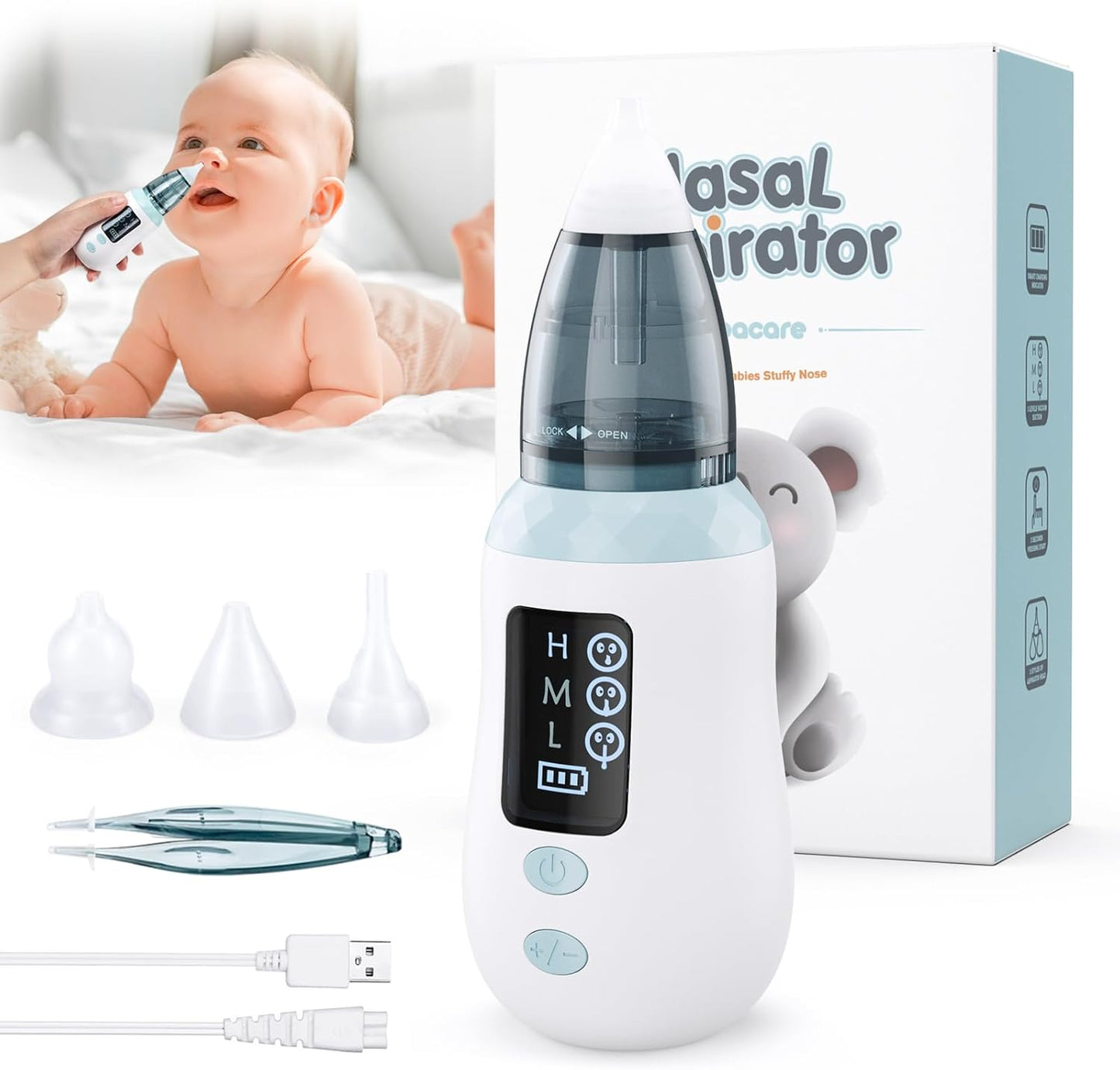 Nasensauger Baby, Tragbarer Elektrischer Nasensauger, Nasensauger mit 3 Saugstufen und 4 Wiederverwendbaren Düsenspitzen, Wasserdicht, USB-Aufladung, für Neugeborene und Kleinkinder