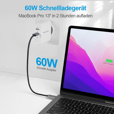 PowerLot 60W USB C Ladegerät mit GaN Tech PD 3.0 Netzteil, Schnellladegerät Kompatibel mit MacBook Pro, Lenovo, Surface, Dell XPS, Chromebook, HP, Laptop, iPad, iPhone 14 Pro Max, DJI Mini 3 Pro usw