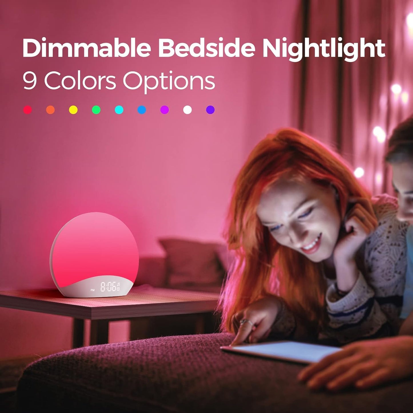 REACHER Sound Machine Sonnenaufgangswecker mit Nachtlicht, 26 von der Natur inspirierte Schlafgeräusche, 0-100% dimmbare Uhr, Sonnenaufgangslampe, Aufwachlicht, Braun/Rosa/Weiß Geräuschmaschine für
