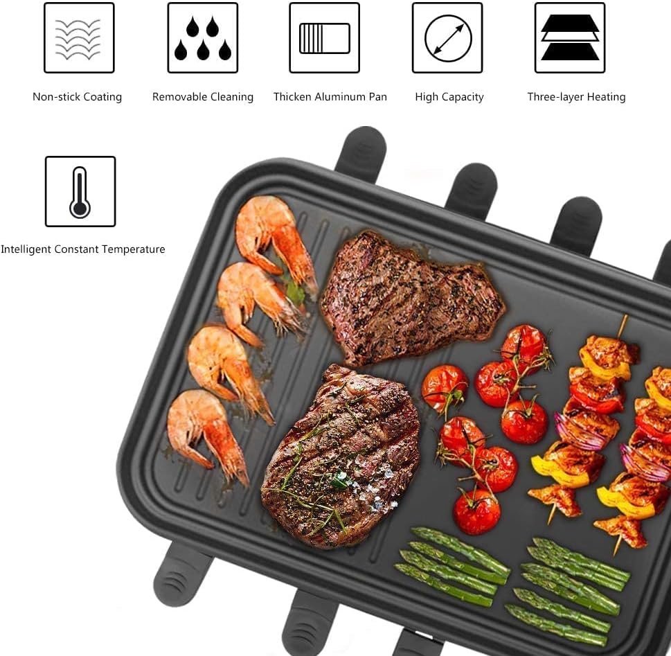 Raclettegrill 8 Personen Grillplatte Antihaftbeschichtet, Raclette mit 8 Mini-Raclettepfännchen & 4 Holzspatel, Stufenlos regelbare Temperatur, 1500 W, Edelstahl