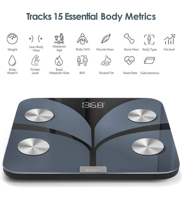 Körperfettwaage, Körpergewichtswaage und BMI-Smart-Waage für die Körperzusammensetzung, digitale Bluetooth-Personenwaage mit Herzfrequenz-Tracker, 15 Messungen, Analyse mit Smartphone-App, 396 Pfund