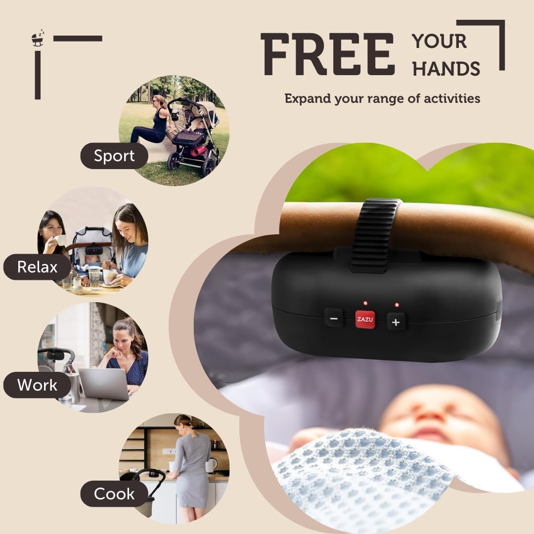 ZAZU Robby Kinderwagenschaukler - Automat. Babywippe, Verstellbare Stärke, 40-Min Timer, Babyschreisensor, USB-C wiederaufladbar, Wasserfest, Universell für Kinderwagen & Buggy (Schwarz.)