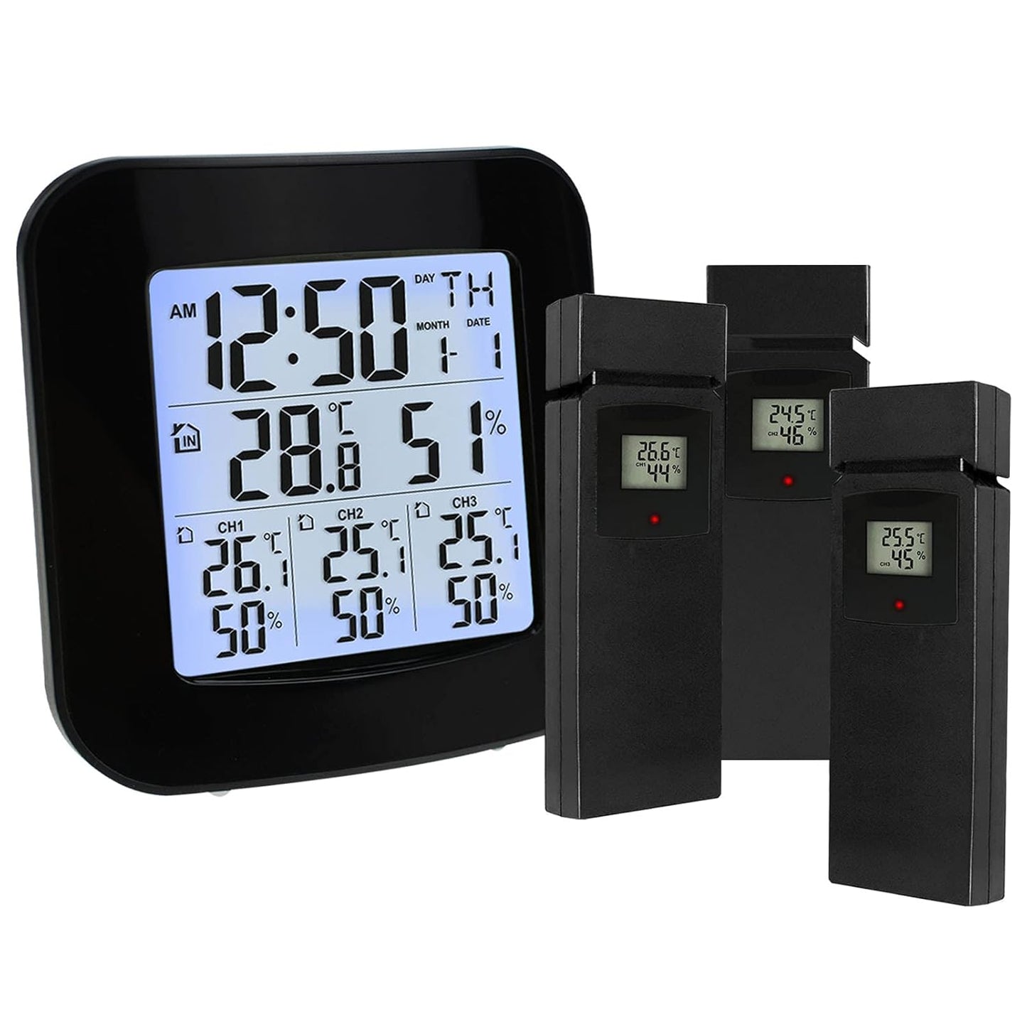 Station météo numérique avec thermomètre et hygromètre, avec 3 capteurs de câble pour l'eau et la pression, avec retour sur la température et la qualité de l'air, informations sur la batterie pour LED noire et LCD