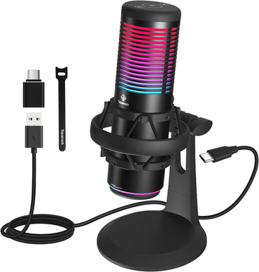 Squarock Gaming-USB-Mikrofon, Kondensatormikrofon mit 8 RGB-Leuchten, Schnellstummschaltung, Rauschunterdrückung, Streaming-Mikrofonmustersteuerung, Verstärkungsregelung, Desktop-Ständer für Podcast-Studioaufnahmen, YouTube