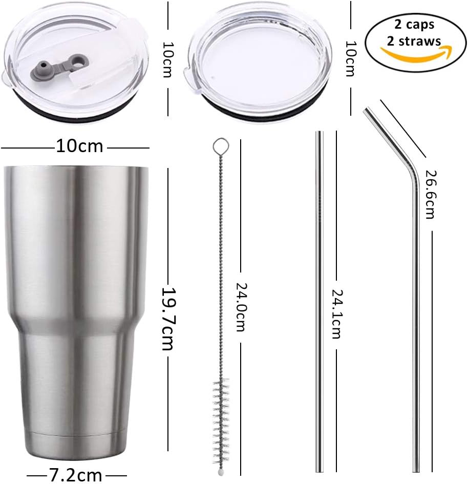 Y·J&H Doppelwandiger Vakuum Isolierbecher Autobecher Edelstahl Reiseflasche Thermobecher Café pour accompagner 2 Spritzwassergeschützten Deckeln 2 Strohhalmen Tubenbürste Sans BPA