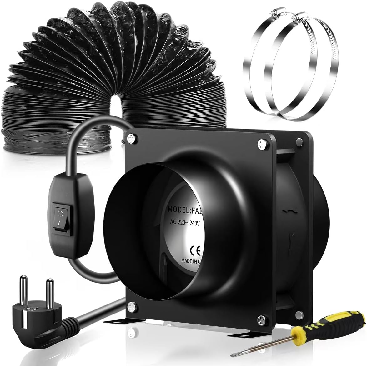 FanGoFast 100mm Axial-Rohrventilator, 180m³/h Axialventilator Abluftventilator Rohrventilator mit Zwei Klemmen und 2m Schlauch für Grow Tent, Garage, Werkzeugraum, Büro