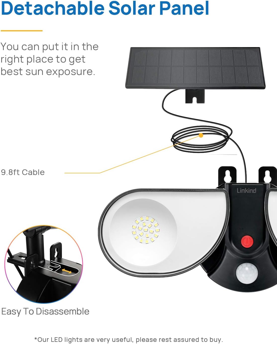 Linkind Guard Lampe clignotante LED avec détecteur de mouvement solaire, panneau solaire externe avec câble de 9,8 m, 2 têtes réglables, applique murale de sécurité, angle 300°, éclairage de sécurité IP67 pour véranda, Hinterhof, lot de 2