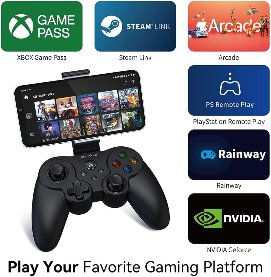 ShanWan Smartphone-Controller für Android/iOS, handlicher Controller mit Halterung, Bluetooth Mobile Gaming Controller für PS Remote Play Xbox Cloud Steam Link GeForce Now MFi Apple Arcade Games