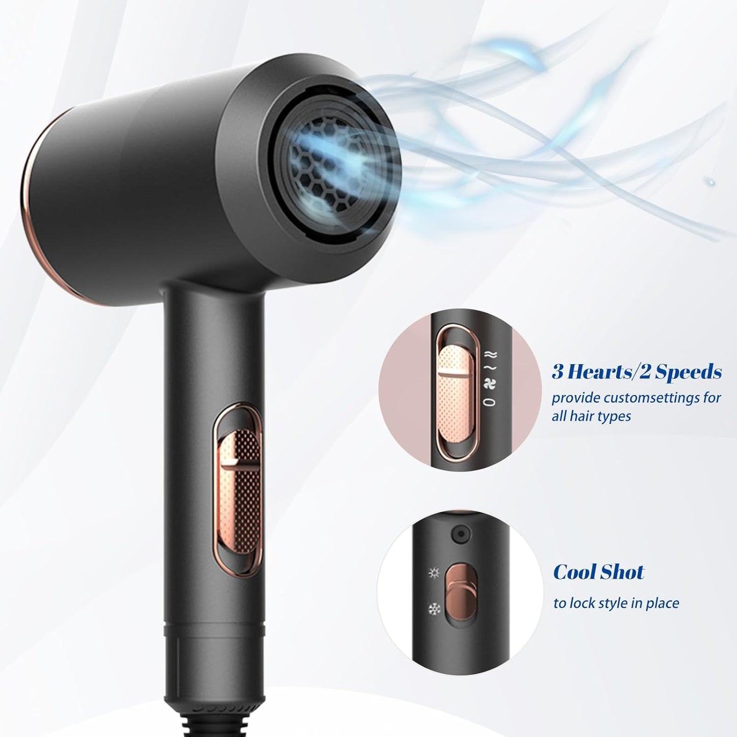 Oskuglin Föhn, 2400W professioneller tragbarer Ionen-Haartrockner Salon Haarfön mit Heiß-/Kalttaste, Concentrators and Diffuser, 3 Temperatureinstellungen, 2-Gang für Zuhause, Salon, Reisen (Schwarz)