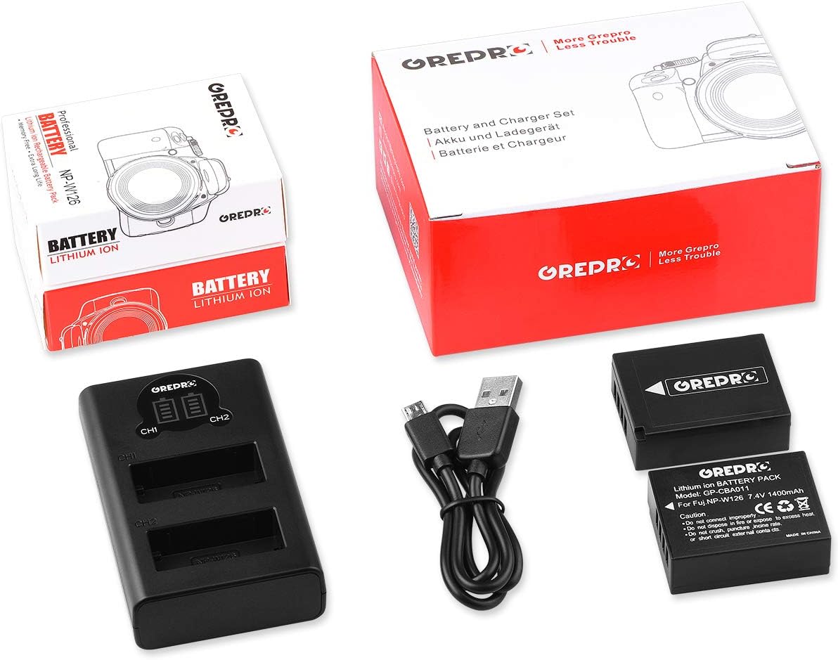 Grepro Akku-Ladegerät-Set für Kamera, 2er-Pack, wideraufladbarer NP-W126 Akku