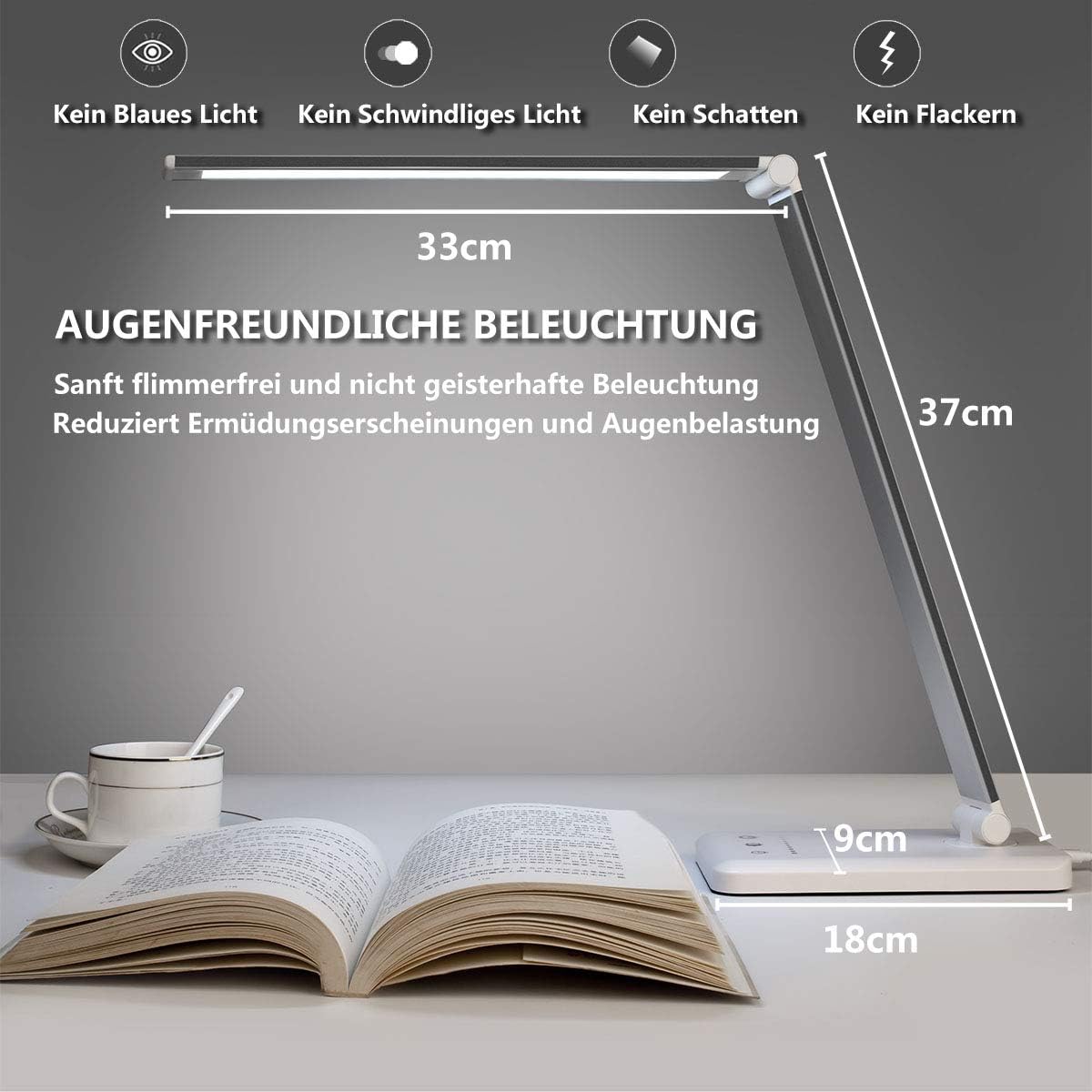 SLATOR Schreibtischlampe LED Dimmbare Tischleuchte 5 Farb und 10 Helligkeitsstufen Nachttischlampe USB-Anschluss für Aufladung des Smartphones Leselicht für Leser, Kinder, QM019, Aluminium, Silver