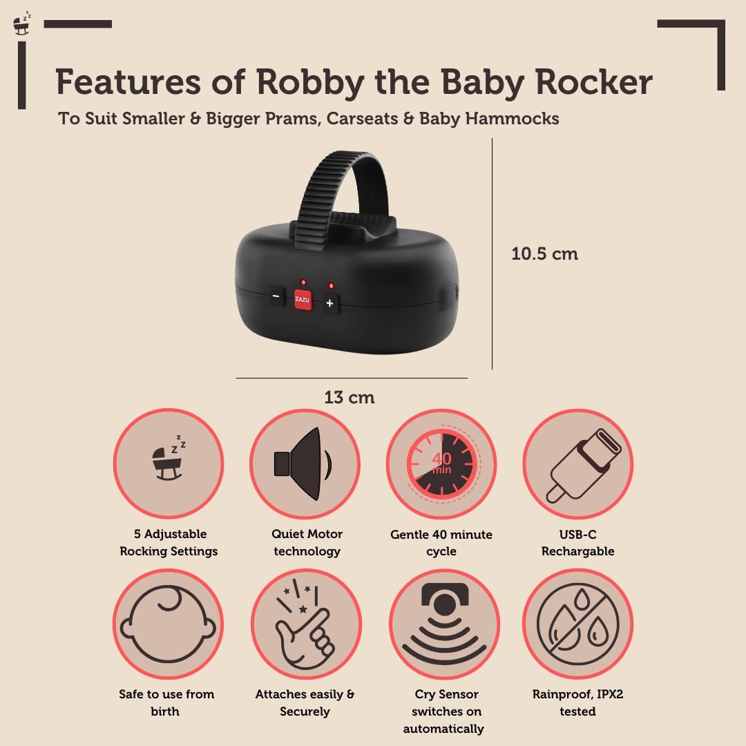 ZAZU Robby Kinderwagenschaukler - Automat. Babywippe, Verstellbare Stärke, 40-Min Timer, Babyschreisensor, USB-C wiederaufladbar, Wasserfest, Universell für Kinderwagen & Buggy (Schwarz.)