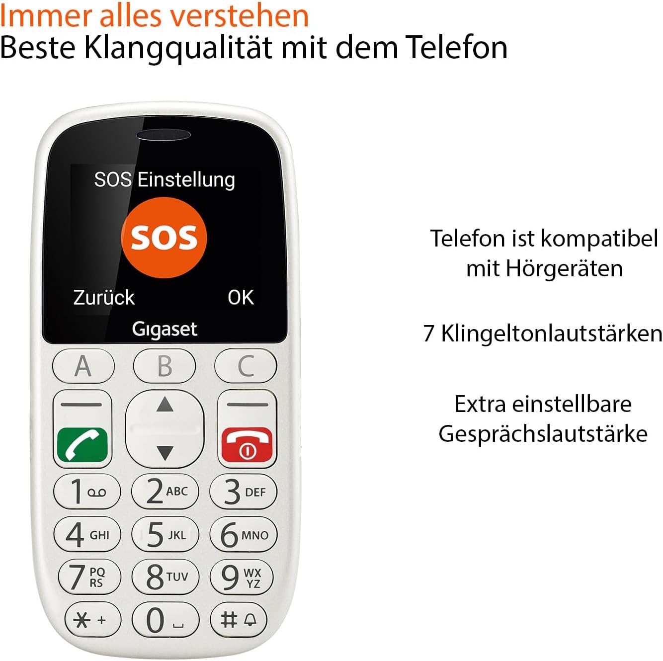 Gigaset GL390 weiß GSM - Seniorenhandy mit SOS-Notruf-Taste, großes 2,2" Farbdisplay - einfache Bedienung, großer Komfort, Hörgerätkompatibel, kompaktes Handlich