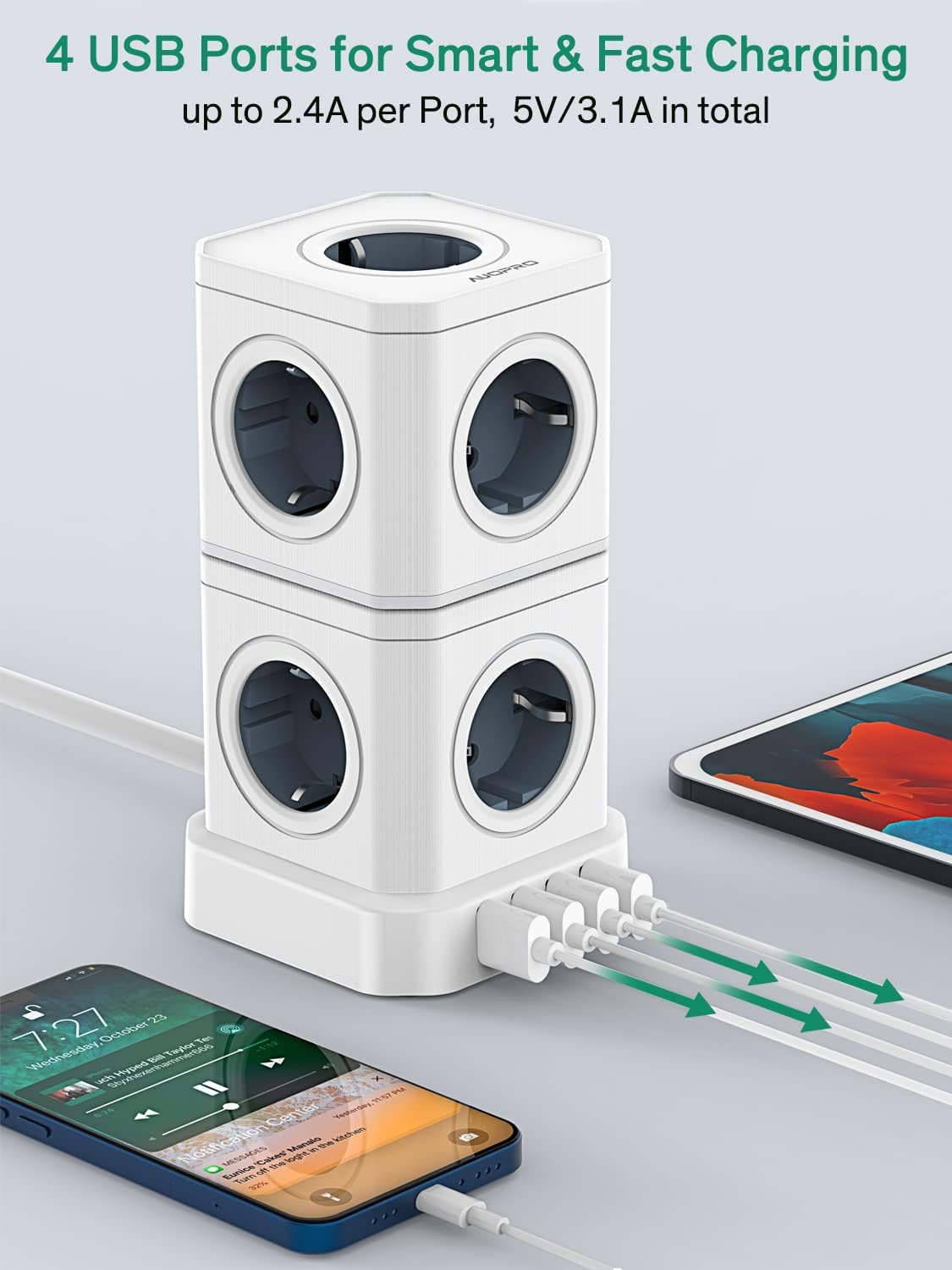 AUOPRO Steckdosenleiste 9 Fach Steckdosenturm Mehrfachsteckdose 4 USB Steckdose