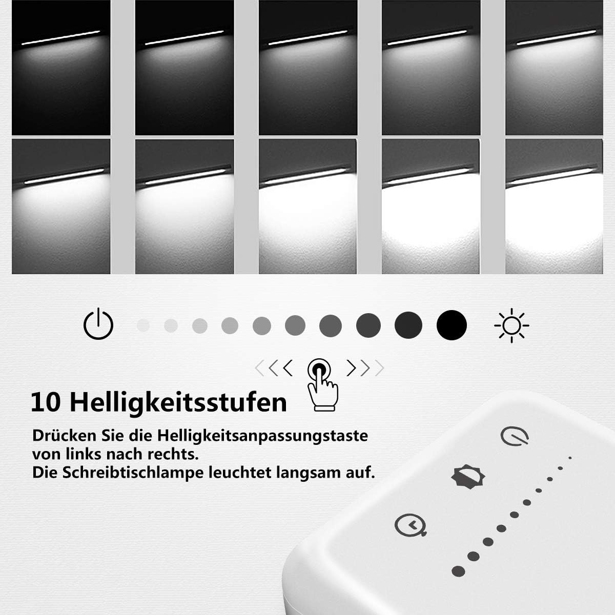 SLATOR Schreibtischlampe LED Dimmbare Tischleuchte 5 Farb und 10 Helligkeitsstufen Nachttischlampe USB-Anschluss für Aufladung des Smartphones Leselicht für Leser, Kinder, QM019, Aluminium, Silver