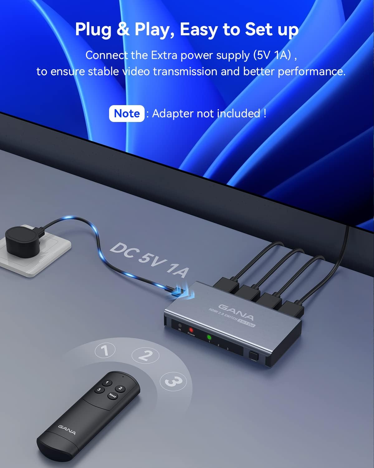 HDMI Switch 3 in 1 Out 4K @ 60Hz, GANA HDMI Splitter mit Fernbedienung, kompatibel mit PS5/4/3 Xbox Nintendo Switch Roku TV Fire Stick