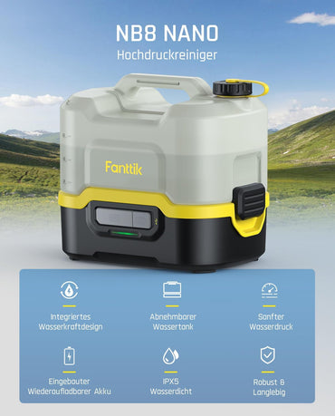 Fanttik NB8 Nano Tragbarer, kabelloser, elektrischer Hochdruckreiniger mit 8 LiterTank, einziehbarem Sprühkopf, 2600 mAh, Waschmaschine für Terrasse, Campingdusche und Haustierreinigung